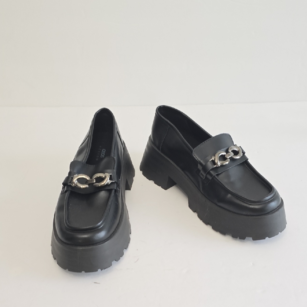 ASOS Design Women's Chunky Lug Slip On Black Leather Loafers Made In Italy SZ 9